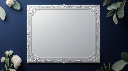 invitation card with elegant silver embossed border on deep navy background