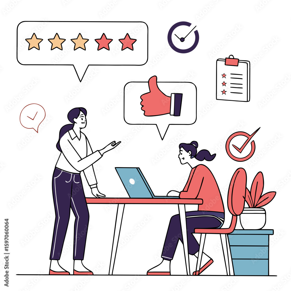 Poster office discussion with feedback icons and checklist vector