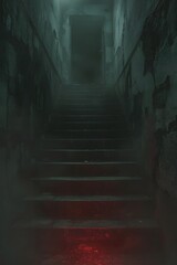 Dark and decaying stairway leads to a mysterious open doorway, with eerie fog and a single glowing red light creating a haunting, suspenseful, and cinematic horror atmosphere

