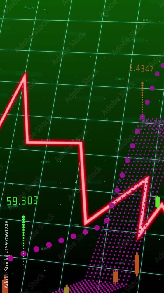 Poster red line graph fluctuating over green financial data chart with animation effect
