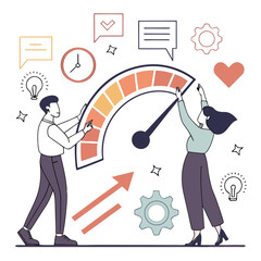 People adjusting progress meter with indicators and icons woman