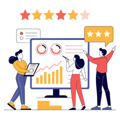 People analyzing customer feedback data on screen business analysis
