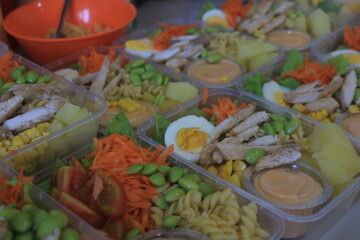Vegetable salad served in a plastic cup can be packed to take away