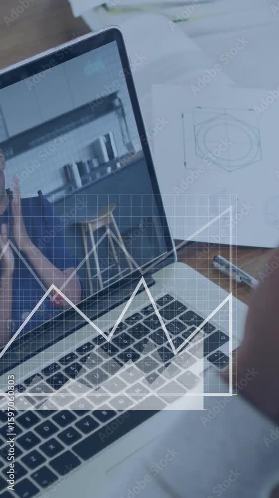 Poster using laptop for video conferencing with data analytics animation overlay