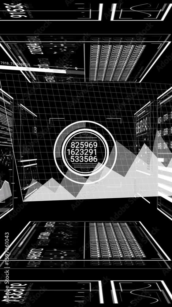Poster creating animation of graphs and charts in futuristic black and white design