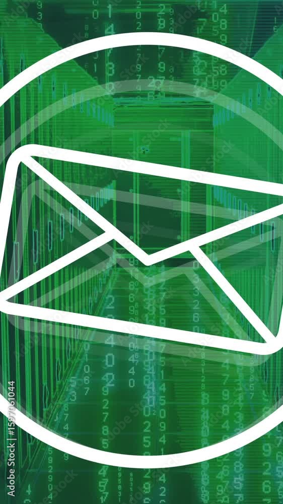 Poster email icon in animation over digital data stream in green technology setting