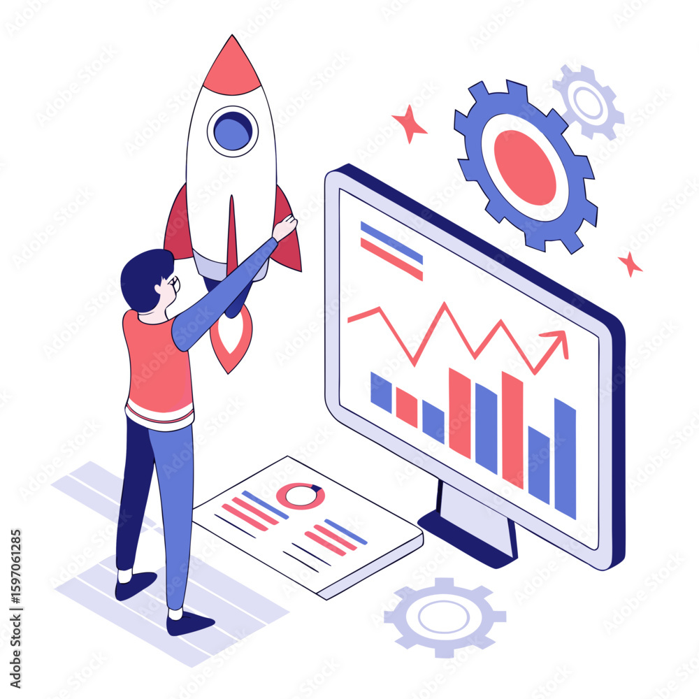 Poster person analyzing growth charts with rocket and gears data analysis