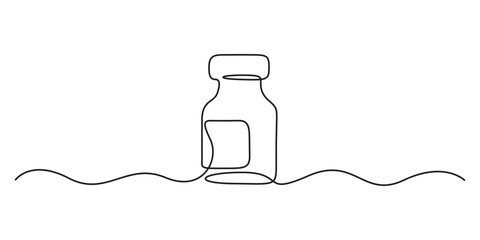 Medicine bottle continuous line drawing. Vaccine bottle icon vector illustration