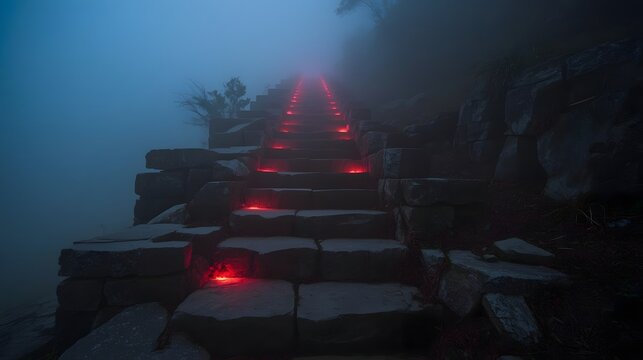 Mysterious stone stairway lined with glowing red lights disappears into dense fog, creating a haunting, surreal atmosphere filled with intrigue, depth, and cinematic visual tension