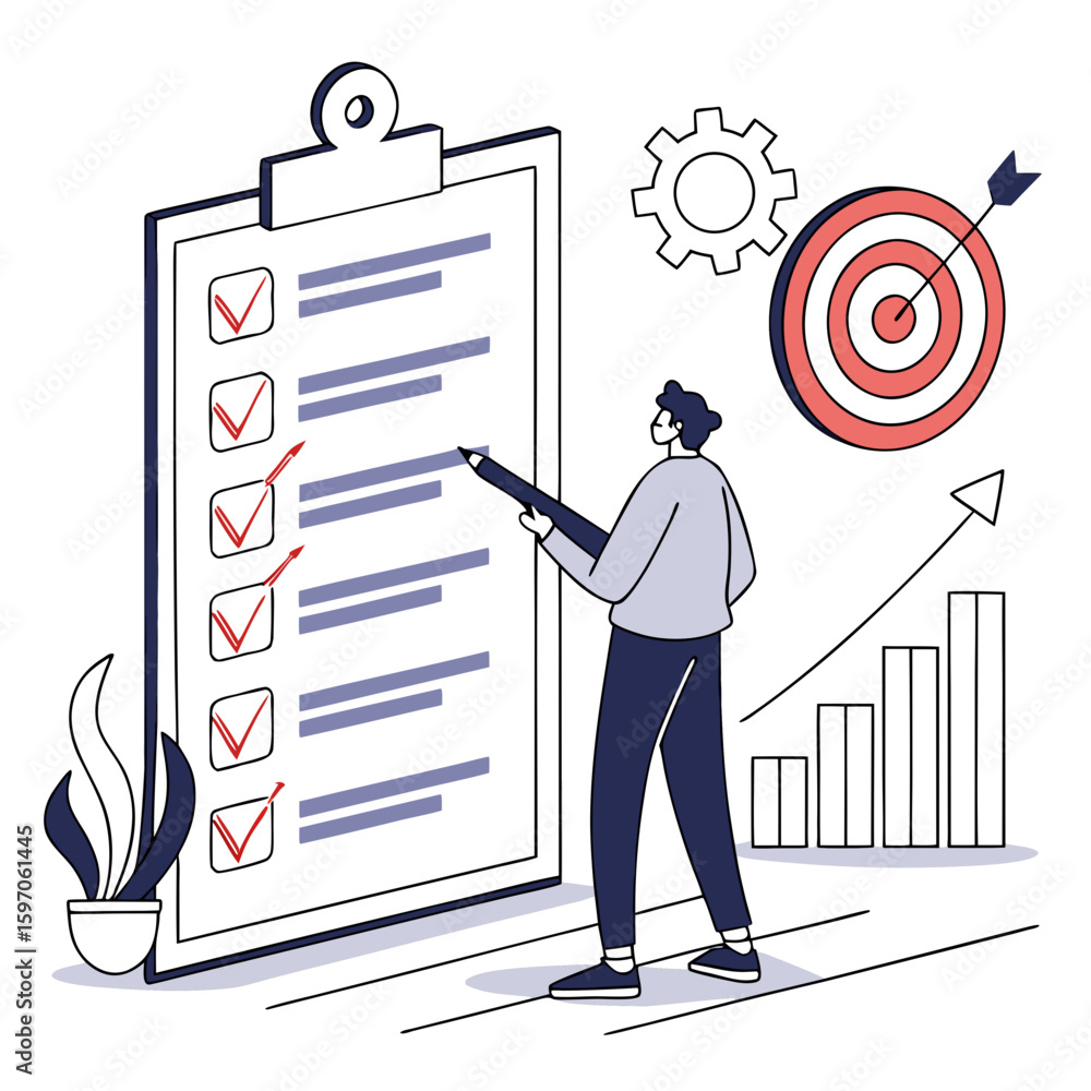 Poster person marking checklist on large board with goal and progress chart planning task