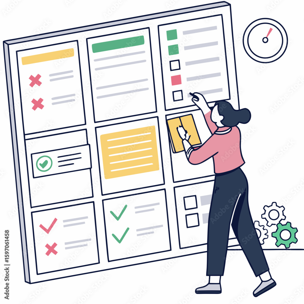 Poster person organizing tasks on a planning board with checks and crosses task management