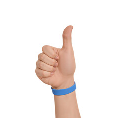 A light-skinned hand with a blue wristband gives a thumbs-up gesture against a white background.