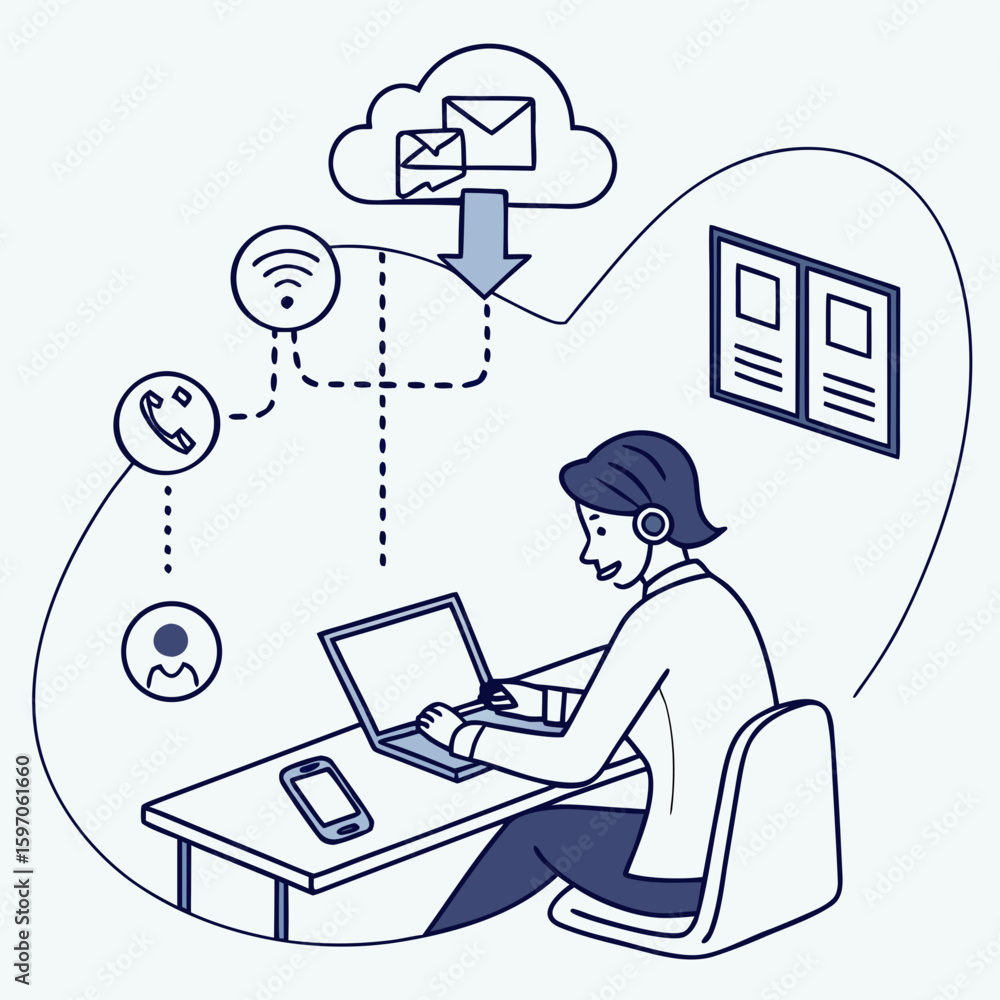 Poster person using laptop with cloud technology icons remote work cloud computing