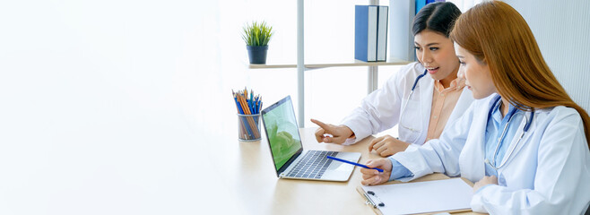 Banner hands of two women doctor medical lab discussing together healthcare teamwork. Panorama Two...