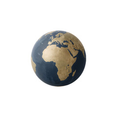 A detailed, digitally rendered, globe of Earth, showcasing continents in gold and dark blue.