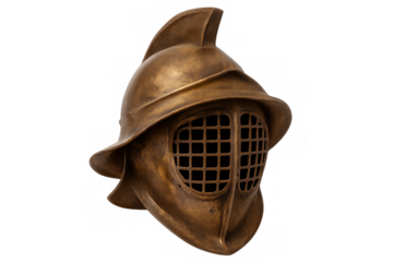 Close-up of a bronze gladiator helmet with a grid-like faceguard, isolated on a transparent background, evoking ancient roman combat
