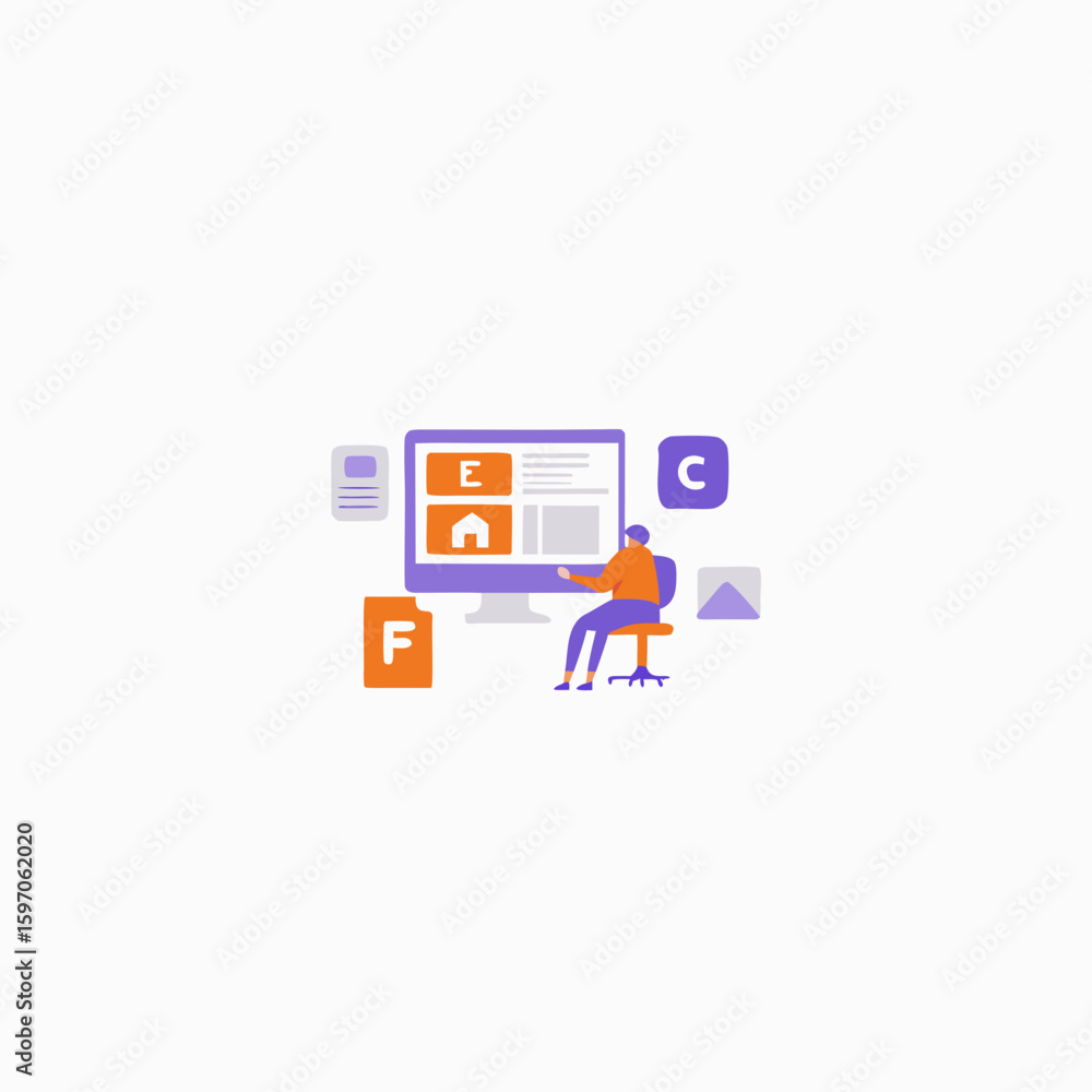Poster person working on computer with design elements graphic design