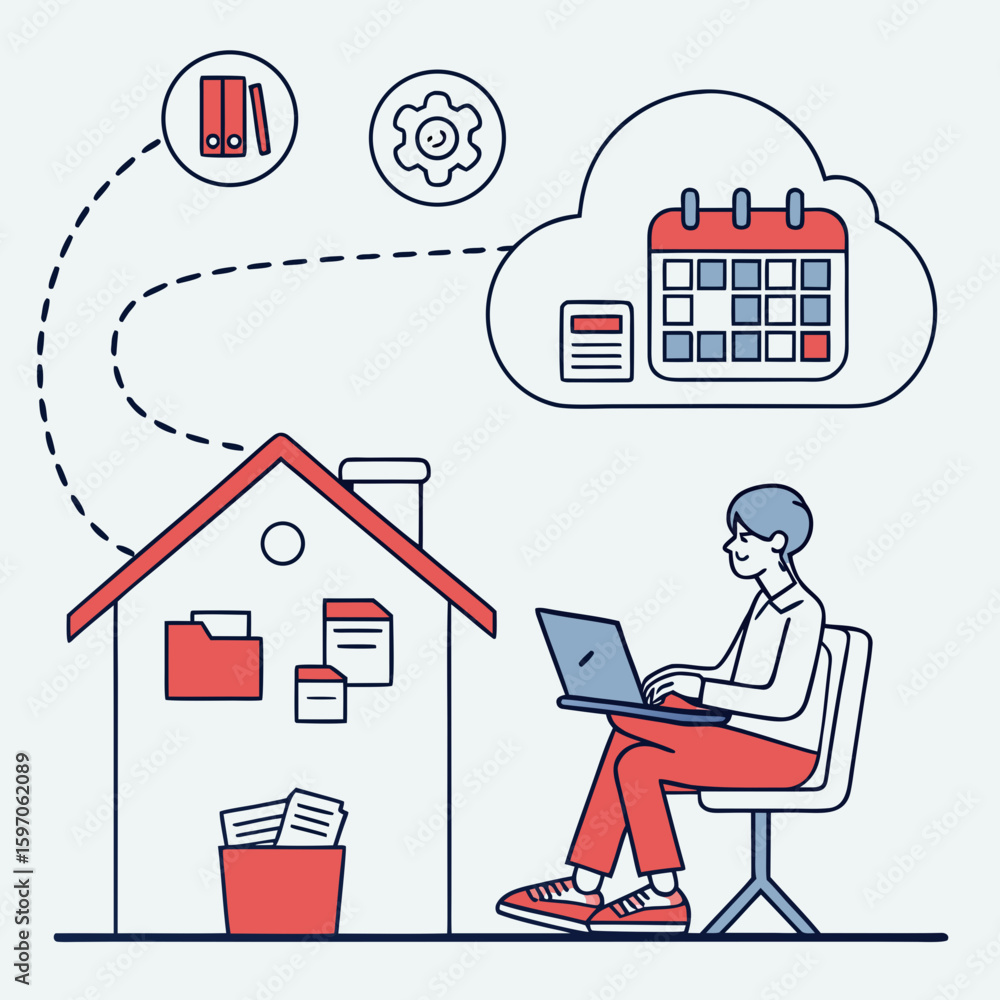 Poster person working remotely with cloud services remote work cloud computing