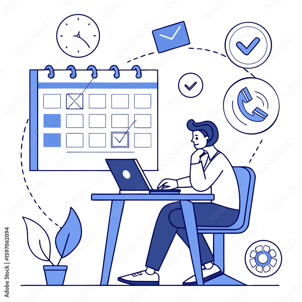 Poster person working remotely with calendar and communication icons remote work multitasking