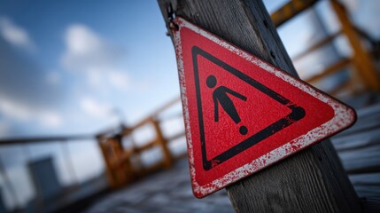 Close-up of a weathered red triangular warning sign depicting a person about to stumble, hanging on a wooden post against a blurred industrial backdrop.