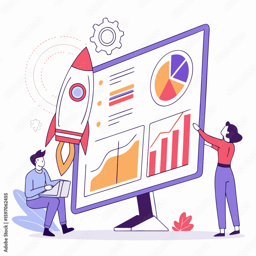 Poster rocket launch analytics dashboard with people charts graphs