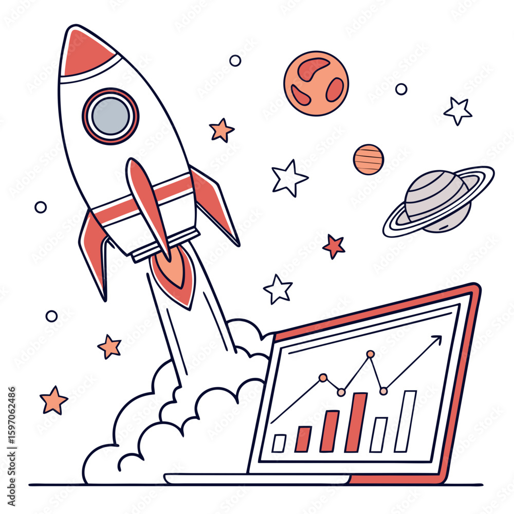 Poster rocket launch from laptop screen with space elements chart