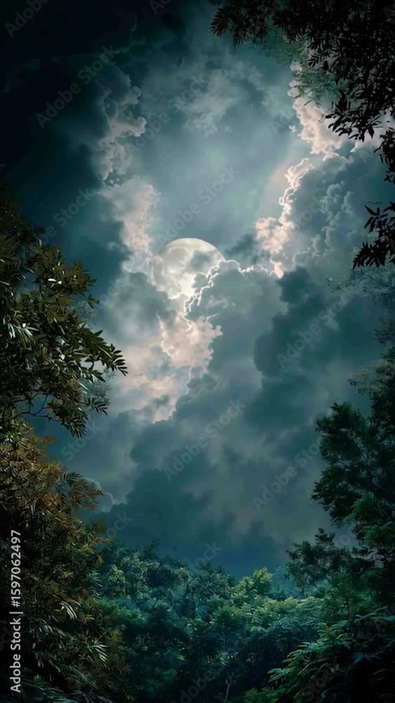 Canvas Prints vertical video full moon through clouds in a lush forest