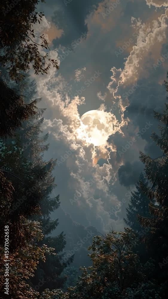 Wall mural vertical video full moon through clouds in a lush forest