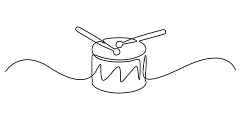 Continuous single line drawing of little drum with drum sticks. Percussion music instruments concept. Continuous line draw design graphic illustration