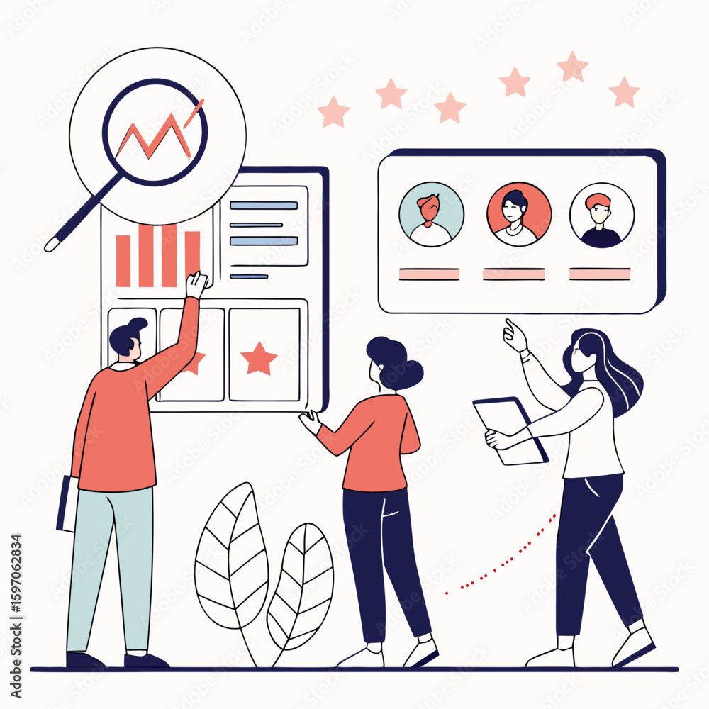 Poster team analyzing employee data with charts and profiles business analysis