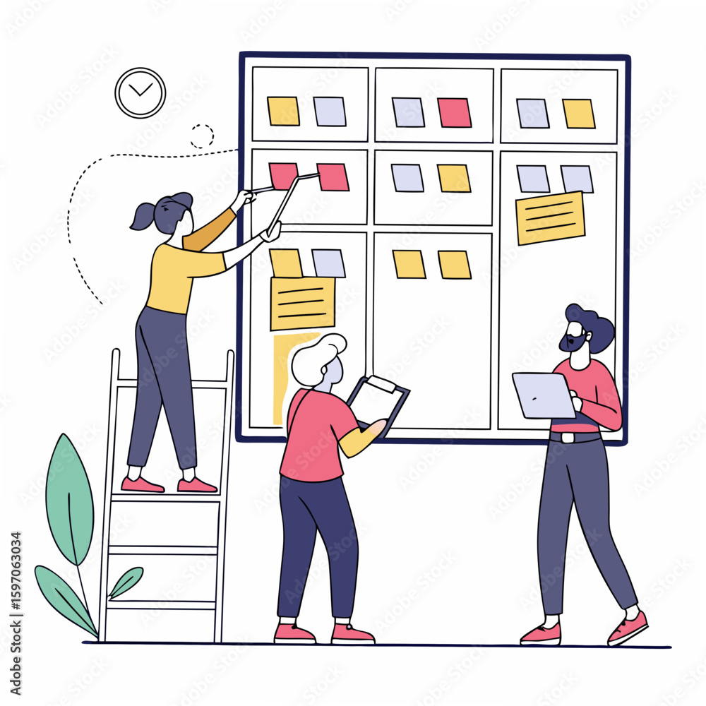 Poster team collaborating on a kanban board with sticky notes collaboration project management