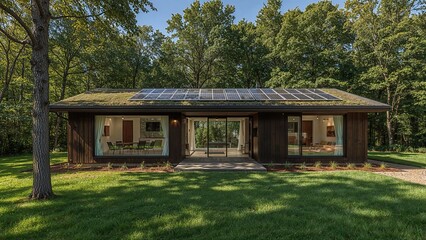 Modern Eco-Friendly Home with Green Roof and Solar Panels in Lush Forest Setting