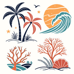 Tropical beach scene with palm trees ocean wave and coral summer