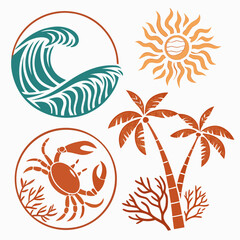 Tropical icons coral wave sun crab palm trees vector