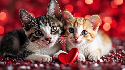 two adorable kittens embrace a heart on a dazzling red background, a heartwarming symbol of companionship, affection, and the joyous innocence of young pets
