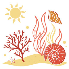 Warm ocean sun coral starfish and shells vector