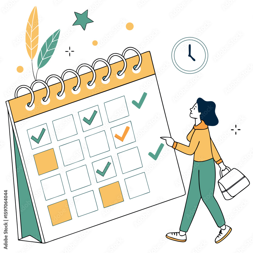 Poster woman checking off tasks on a desk calendar with clock checklist task management