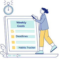 Woman checking weekly goals on laptop screen with checklist deadlines habits tracker