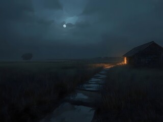 Mysterious rural landscape under a full moon with a dark cloudy sky, a glowing cabin in the distance, and a wet stone path leading through the field evokes eerie and cinematic atmosphere
