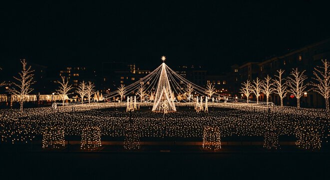Festive Christmas Light Display with Illuminated Trees and Star Topped Structure.
