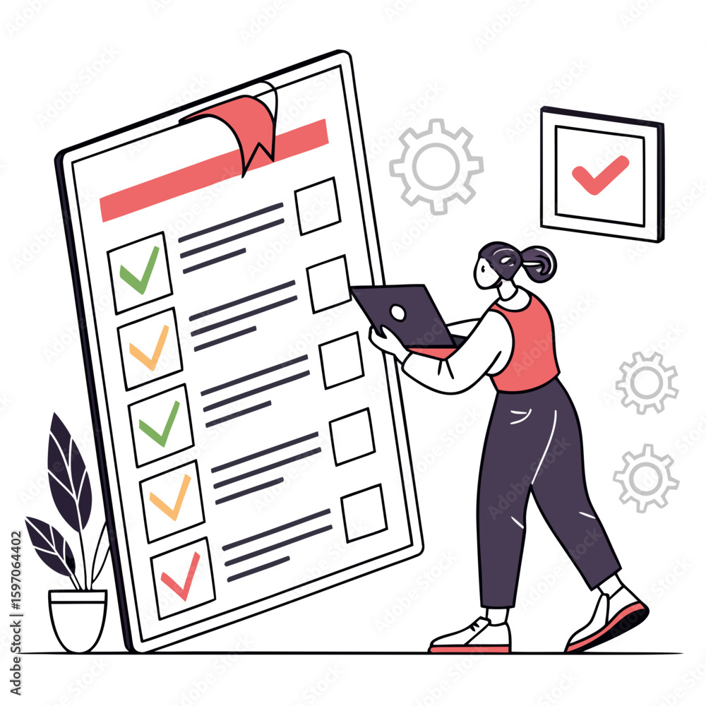 Aufkleber woman with laptop checking off tasks on a large checklist task management to-do list