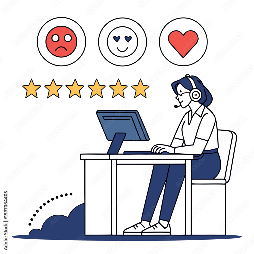 Poster woman with headset at desk with computer and feedback icons customer service agent