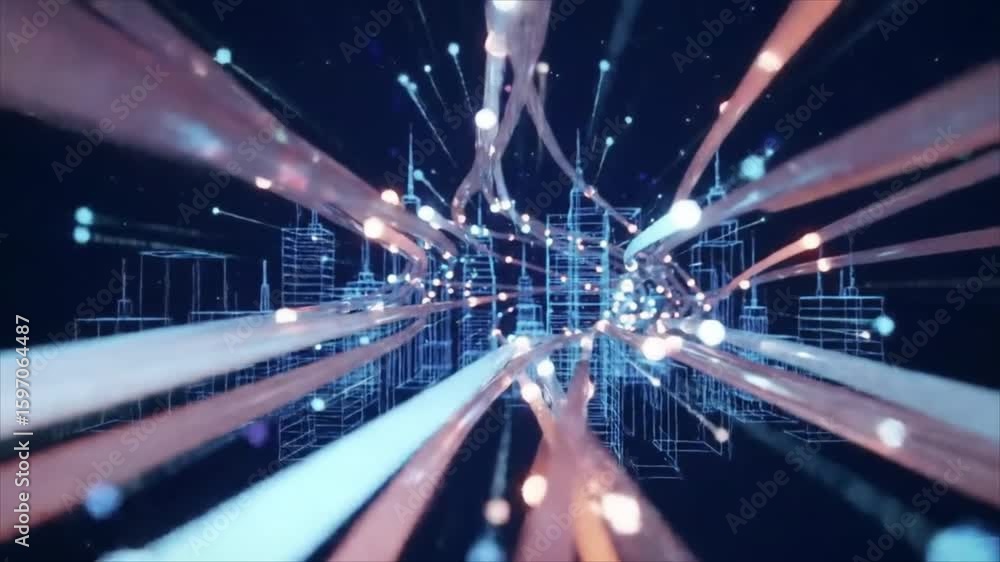 Aufkleber glowing light particles stream through a futuristic digital cityscape, symbolizing data transfer and