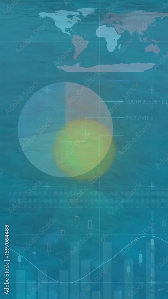 Poster creating animation with charts and graphs over ocean landscape background