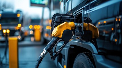 close up shot showcasing a vibrant yellow gas nozzle refueling a sleek black vehicle at a station during daylight hours emphasizing the connection between automobiles and energy consumption