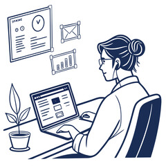 Woman working on laptop with charts and notes desk