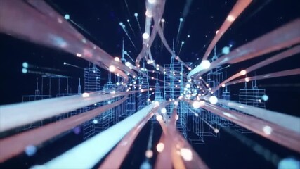 Glowing light particles stream through a futuristic digital cityscape, symbolizing data transfer and global connection. - Powered by Adobe