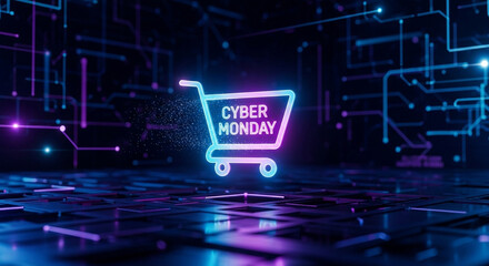 A glowing futuristic shopping cart icon floats in a dynamic cyberspace for Cyber Monday sales