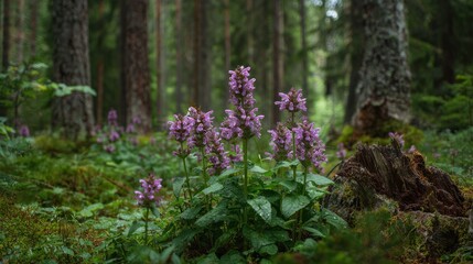 Obraz premium Serene Forest: Purple Flowers in a Mystical Woodland