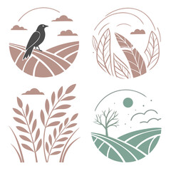 Bird on field with plants and landscape crow agriculture